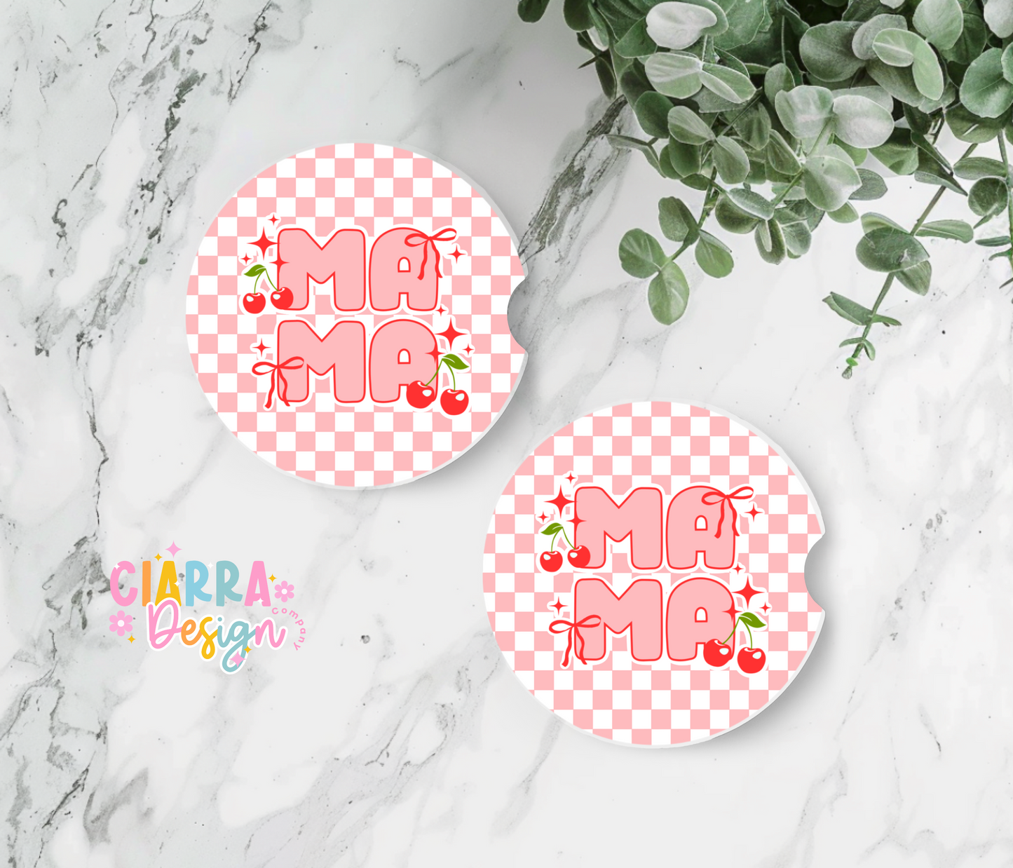 Checkered Cherry mama car coaster set