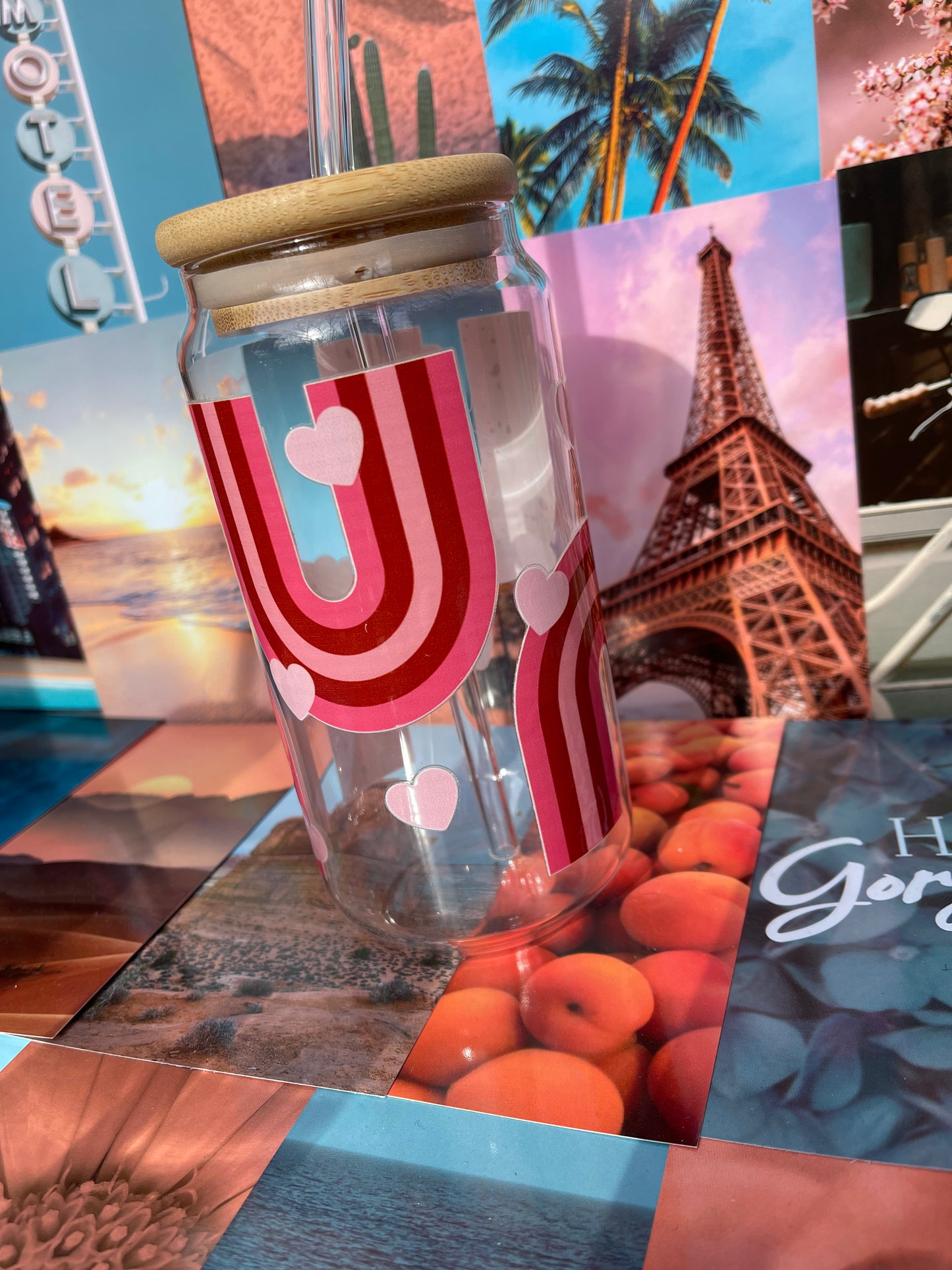 16oz Red Heart Rainbow Clear Glass Tumbler