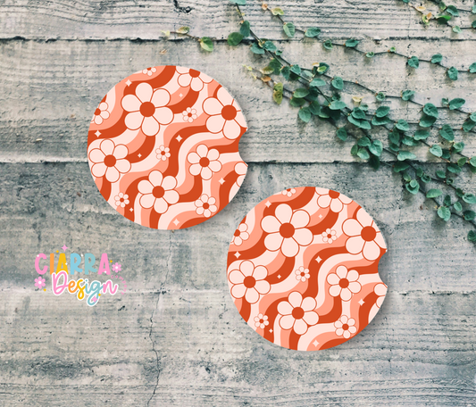 Retro Orange Daisy car coaster set