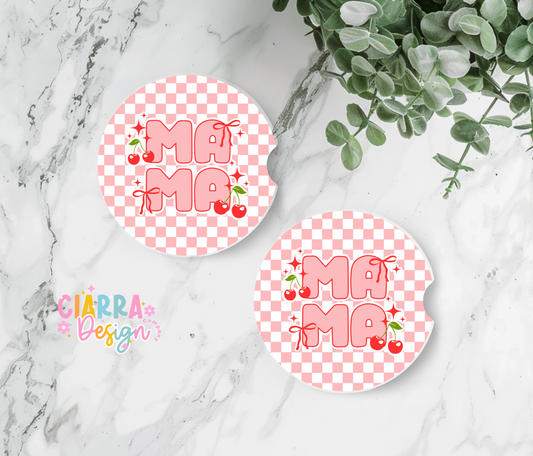 Checkered Cherry mama car coaster set