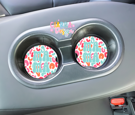 Neon leopard mama car coaster set