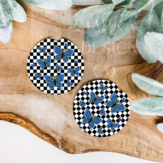 Checkered Blue Butterflies Car coaster set