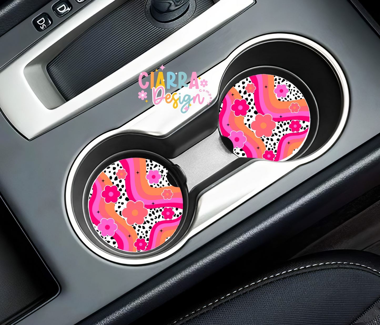 Neon pink & orange daisies car coaster set